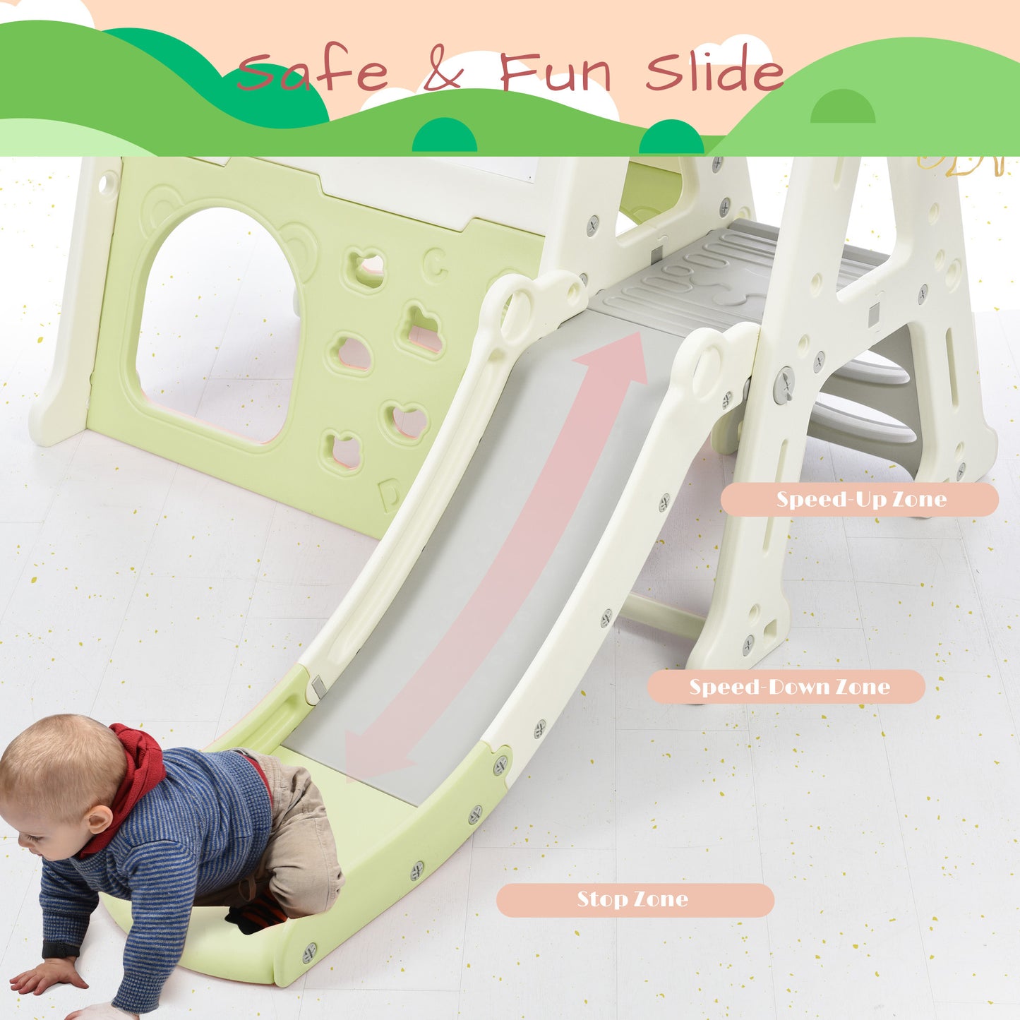 7-in-1 Toddler Climber and Slide Set: Playground Climber Slide Playset with Tunnel, Climber, Whiteboard, Toy Building Block Baseplates, Basketball Hoop Combination for Babies - White, Compact Size