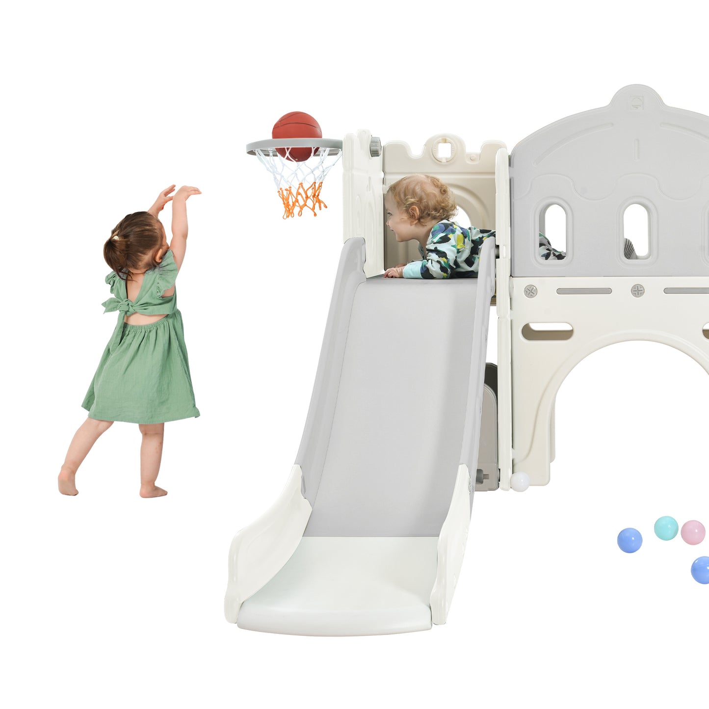 Kids Slide Playset Structure, Freestanding Castle Climber with Slide and Basketball Hoop, Toy Storage Organizer for Toddlers - Indoor/Outdoor Playground Activity, Kids Climbers Playhouse