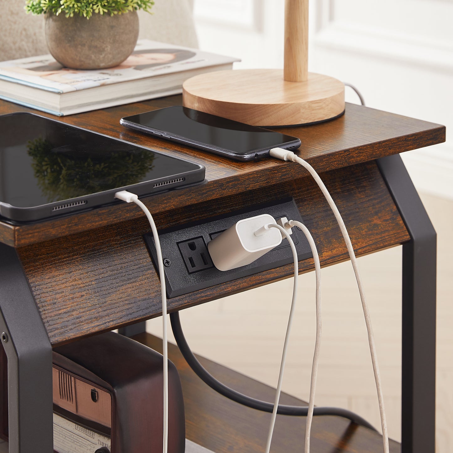 End Table with Charging Station, Drawers & Bedside Functionality for Bedroom - Rustic Brown, 17.3’’W*17.9’’D*21.2’’H