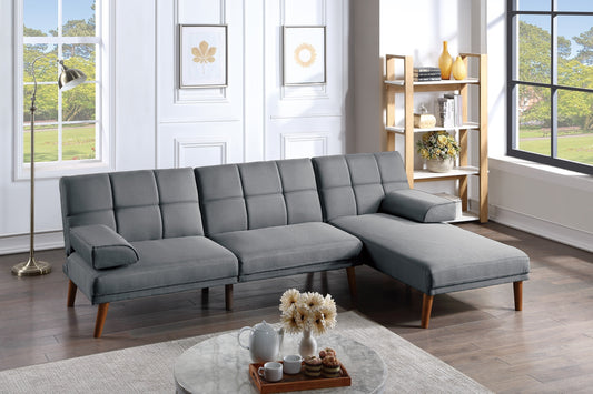 Blue Grey Polyfiber 2pc Sectional Sofa Set: Solid Wood Legs, Tufted Couch, Adjustable Sofa Chaise