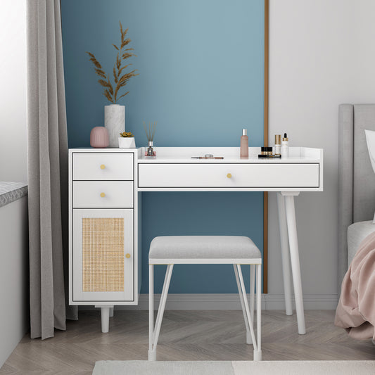 Makeup Vanity with Drawers | Mid-Century White Wood Dressing Table Desk | Rattan Door | Size Options