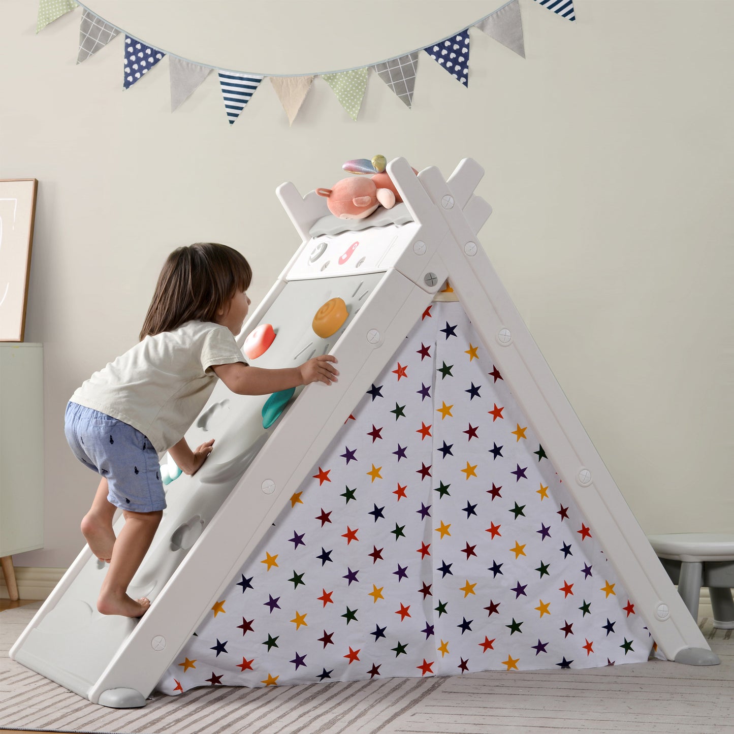 Kids Play Tent - 4 in 1 Teepee Tent with Stool and Climber, Foldable Playhouse Tent for Boys & Girls - Informative, Multi-Functional, and Portable - Enhance Imaginative Play - Available in Various Colors and Sizes - Ideal for Indoor and Outdoor Fun