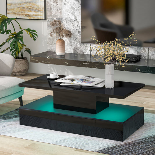 Modern Glossy Coffee Table With Drawer, 2-Tier Center Table with Plug-in LED Lighting – 16 Colors, 39.3”x19.6”x15.3”, Black