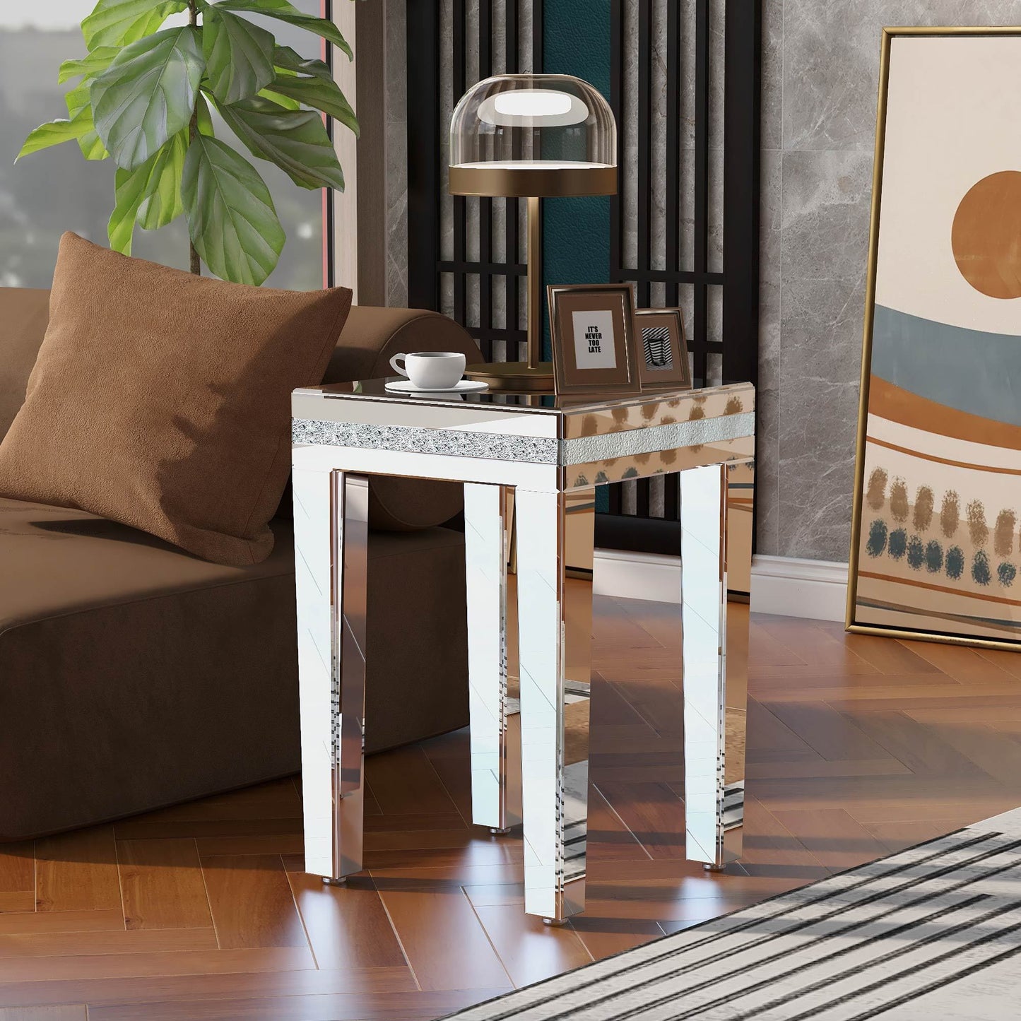 Fashionable Modern Glass Mirrored Side Table, Crystal Design, Adjustable Height Legs, Silver