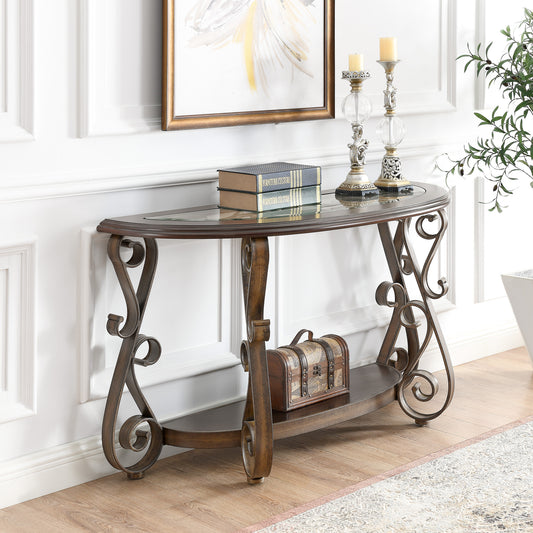 Console Table with Glass Table Top, Powder Coat Finish Metal Legs, Dark Brown - 25.5"X25.5"X23.5"