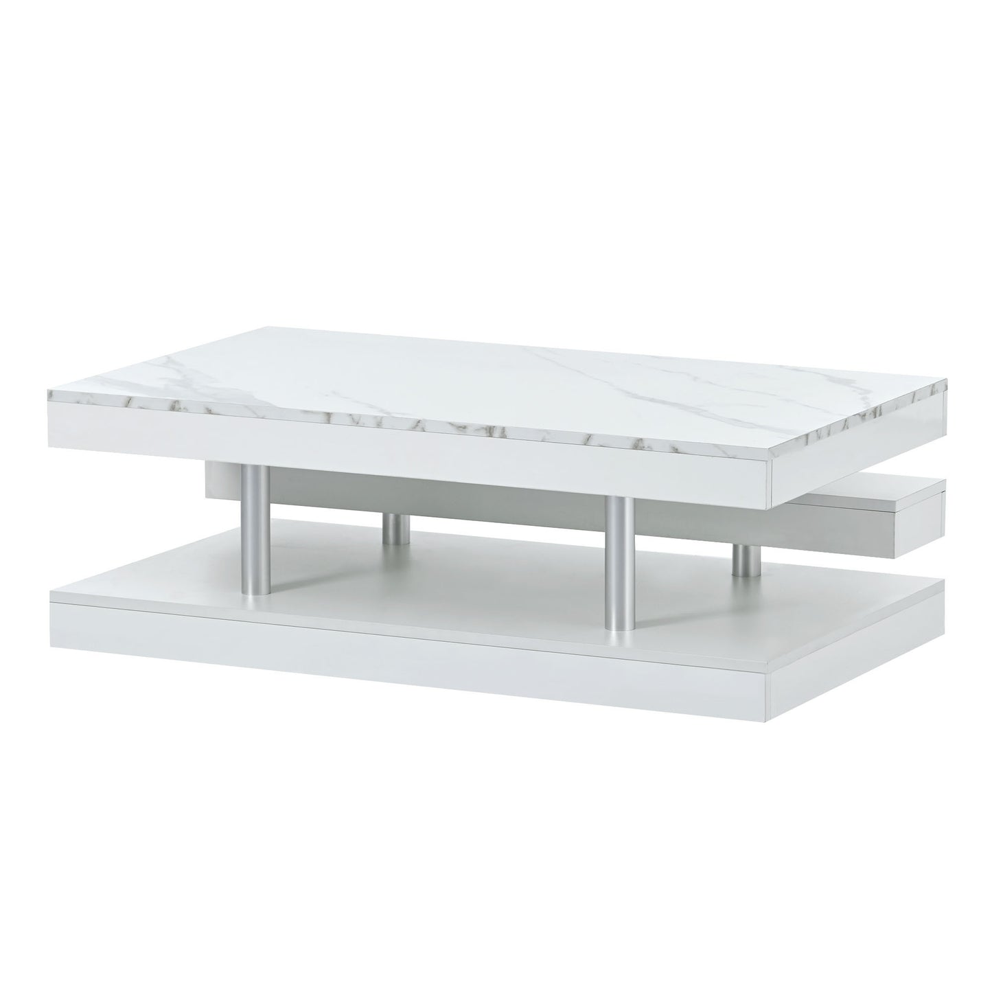 ON-TREND 2-Tier Coffee Table: Silver Metal Legs, Rectangle Cocktail Table with High-gloss UV Surface, Minimalist Design Center Table for Living Room, White