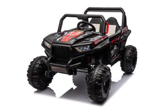 12V 7A*1 30W*4 Four-Wheel Drive Leather Seat RC Car: One Button Start, Forward/Backward, High/Low Speed, Music, Front Light, Power Display, Opening Doors, Seat Belt, 2.4G R/C, Four-Wheel Absorber - Black