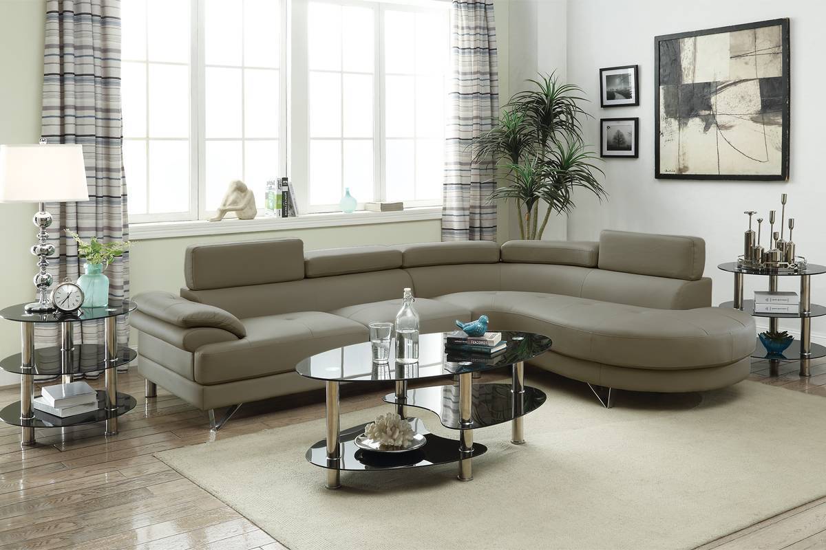 Living Room Furniture: Sectional Sofa 2pc Set, Grey Faux Leather, Flip-up Headrest