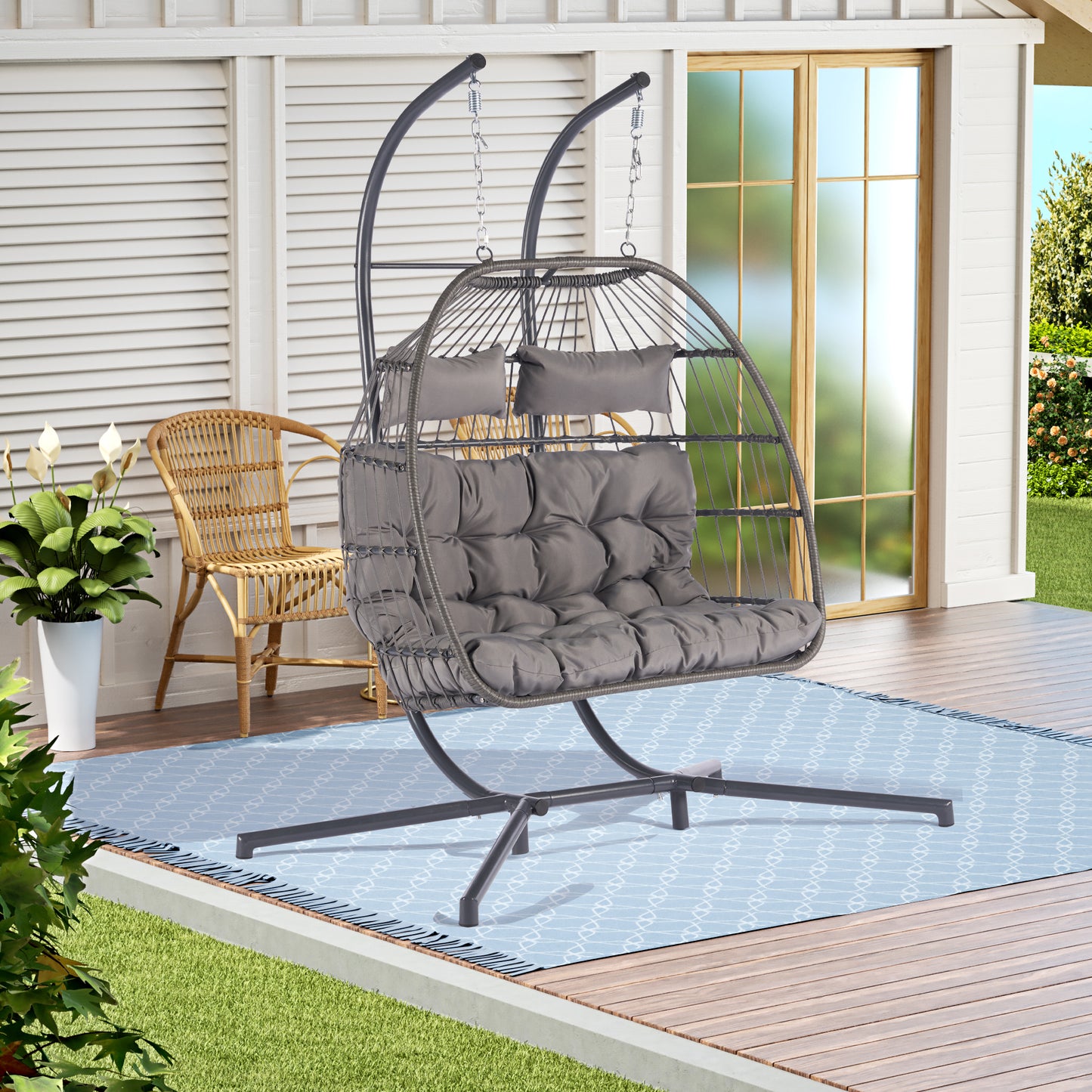 2 Person Outdoor Rattan Hanging Chair: Weatherproof, Durable, Comfortable Design with Cushions - Ideal for Relaxation in Garden and Outdoor Spaces - Multiple Color Options, Compact Size