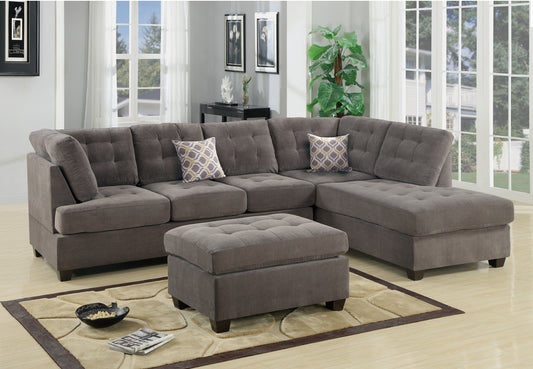 Living Room Sectional Sofa: Waffle Suede Charcoal Color, Tufted Cushion, Contemporary Design (NO OTTOMAN)