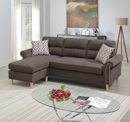 Tan Polyfiber Reversible Sectional Sofa Set with Chaise, Pillows, Plush Cushion, and Nailheads - Comfortable and Stylish Couch