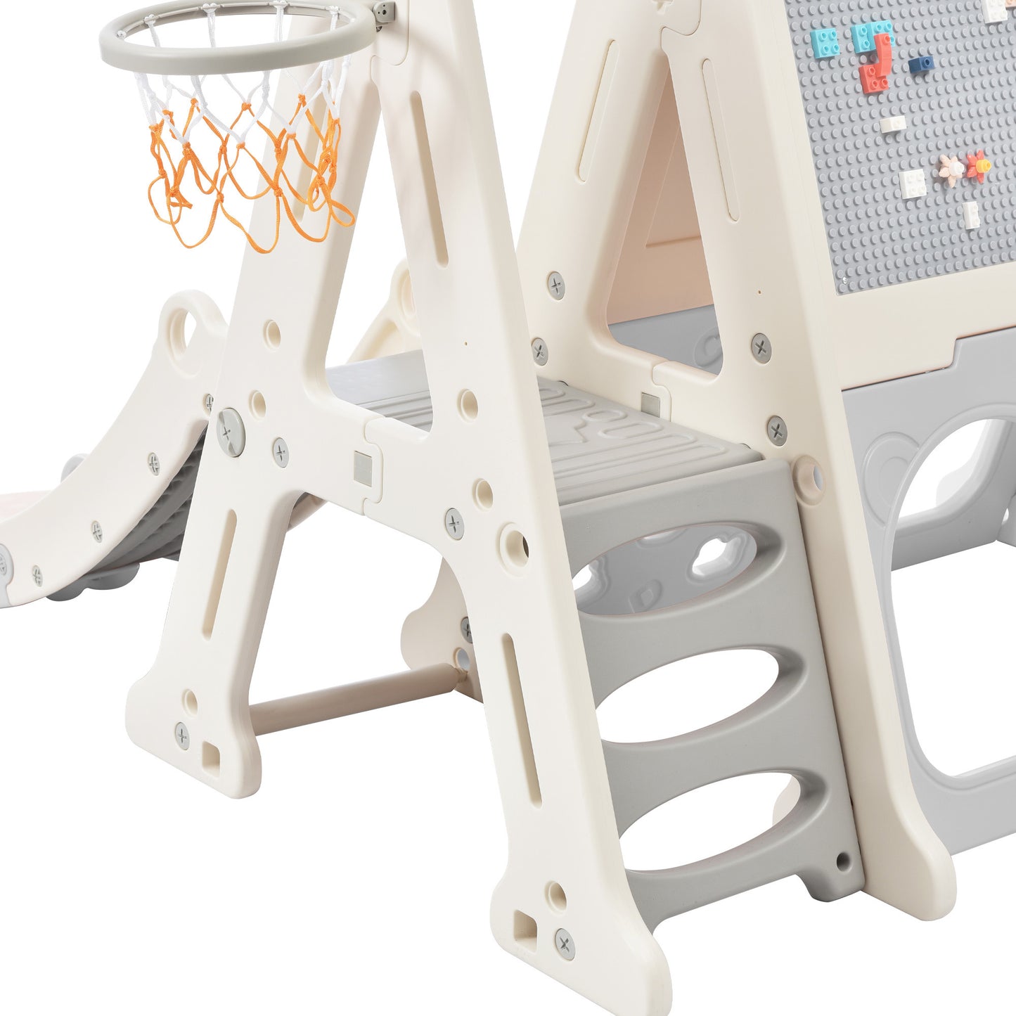 7-in-1 Toddler Climber and Slide Set - Kids Playground Climber Slide Playset with Tunnel, Whiteboard, Building Block Baseplates, and Basketball Hoop Combination - White, Compact Size