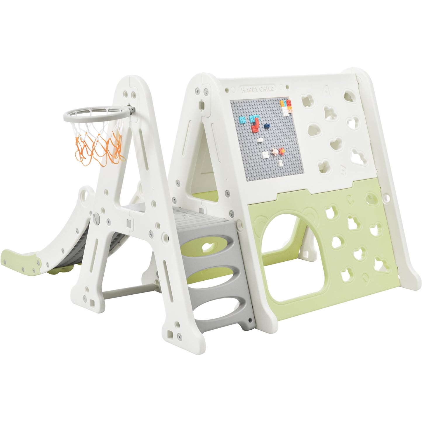 7-in-1 Toddler Climber and Slide Set: Playground Climber Slide Playset with Tunnel, Climber, Whiteboard, Toy Building Block Baseplates, Basketball Hoop Combination for Babies - White, Compact Size