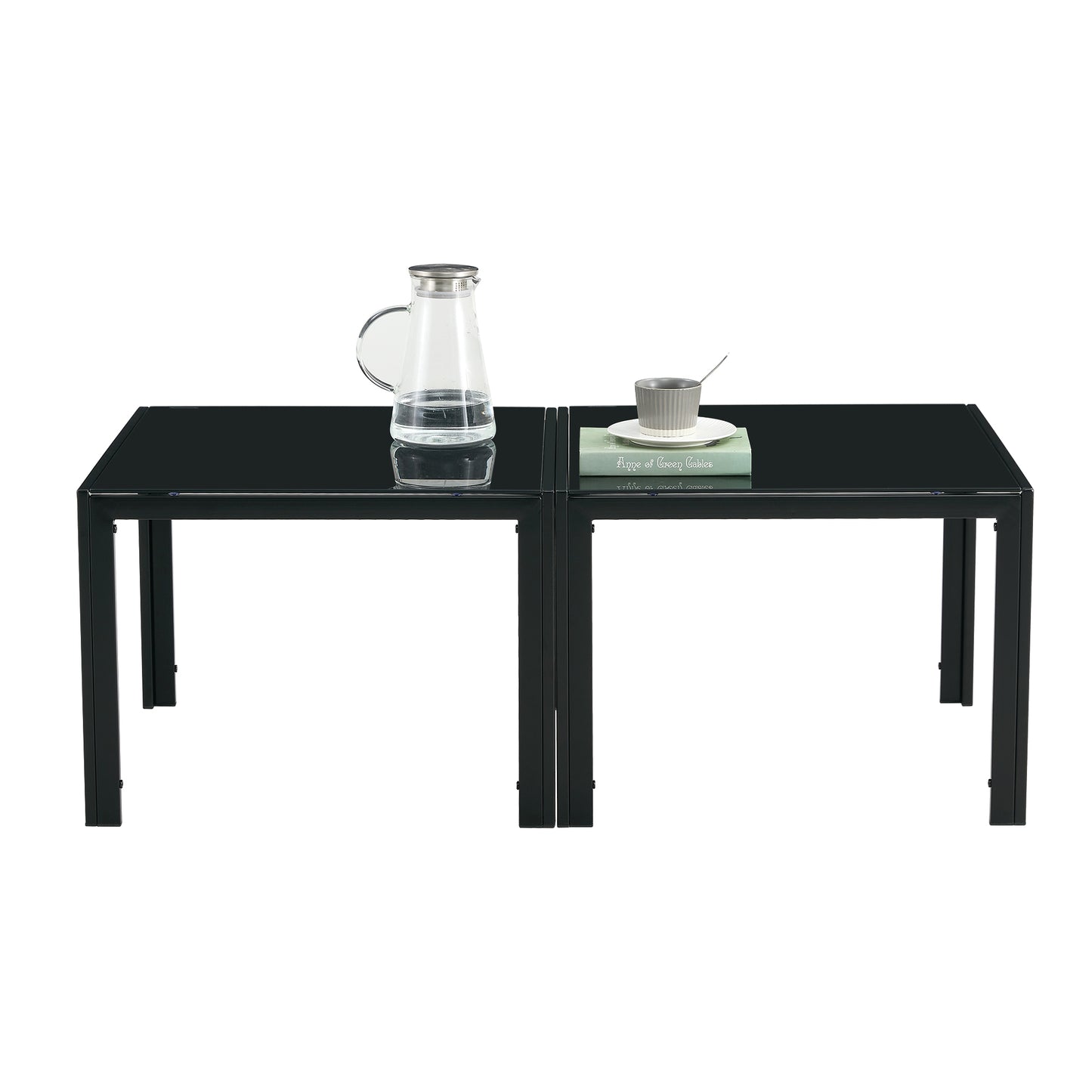 Coffee Table Set of 2, Modern Square Tempered Glass Finish for Living Room, Black