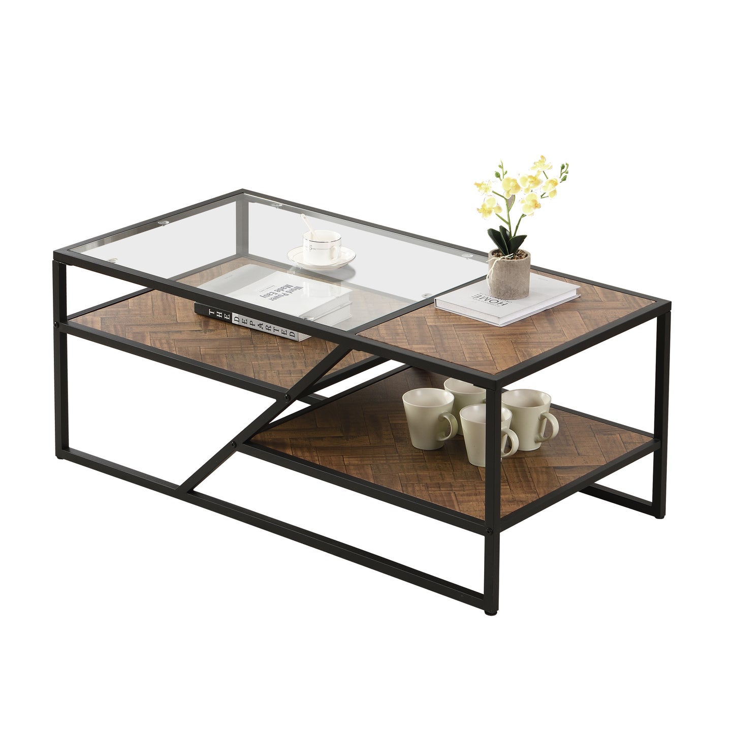 Black Coffee Table with Storage Shelf, Tempered Glass & Metal Frame for Living Room & Bedroom - Stylish, Functional Furniture for Home Décor