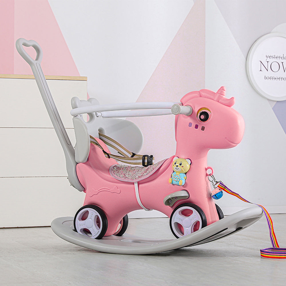 Rocking Horse for Toddlers, Balance Bike Ride On Toys with Push Handle & Backrest, Unicorn Kids Riding Birthday - Pink