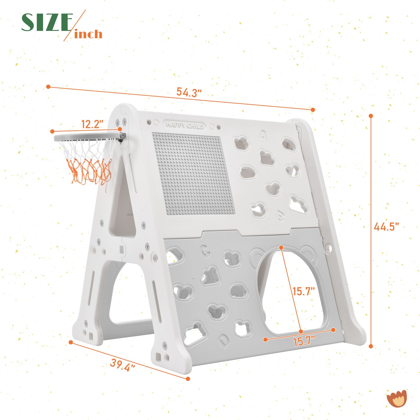 Children's Playground 5-in-1 Playset: Climber, Basketball Hoop, Tunnel, Whiteboard, Building Block Baseplates - Gray, HDPE Material - 54.3''L x 39.4''W x 44.5''H, 29.8lbs.