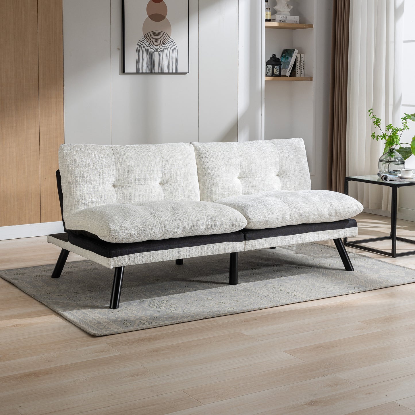 Convertible Sofa Bed Loveseat Futon: Adjustable Lounge Couch with Metal Legs, Breathable Chenille in Creamy White - Ideal for Compact Living Spaces