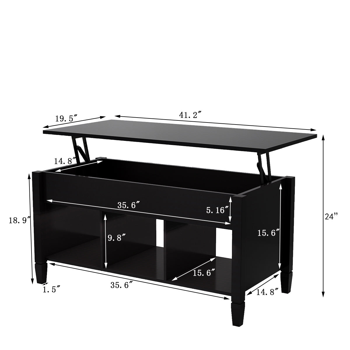 Lift Top Coffee Table - Black: Modern Design, Adjustable Height, Spacious Storage, Sturdy Construction, Elegant Finish