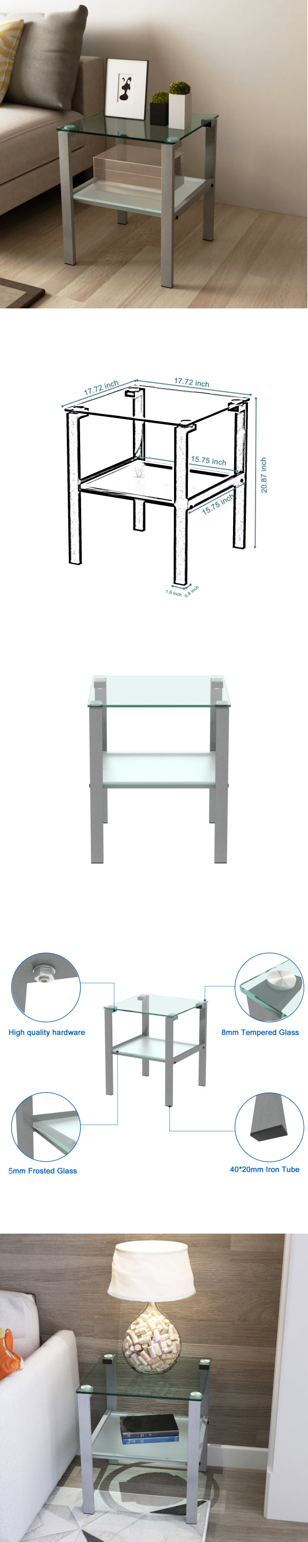 Glass Two Layer Tea Table - Small Round Bedroom Corner & Living Room Side Table - Grey, 220 Letters Max