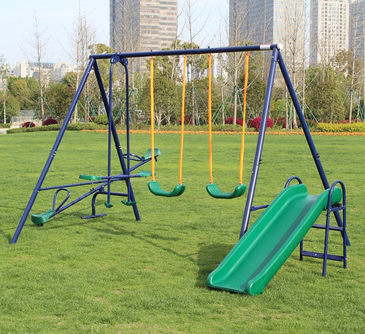 Metal Swing Set w/ Slide - Durable Outdoor Playset for Kids - Sturdy Steel Frame, Secure Swings, and Fun Slide - Available in Various Colors and Sizes