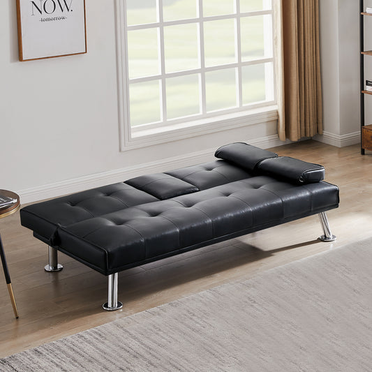 Black Faux Leather Loveseat Sofa Bed with Cup Holders - Convertible Folding Sleeper Couch Bed, Space-Saving Design - Comfortable, Durable, and Stylish - Perfect for Small Spaces - Includes Cup Holders - Black Color - Compact Size