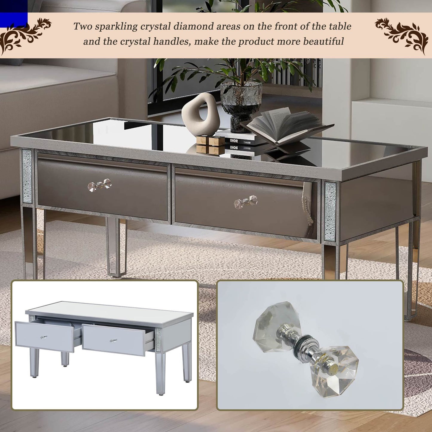 ON-TREND Glass Mirrored Coffee Table with 2 Drawers, Crystal Handles & Adjustable Height Legs for Living Room, Silver