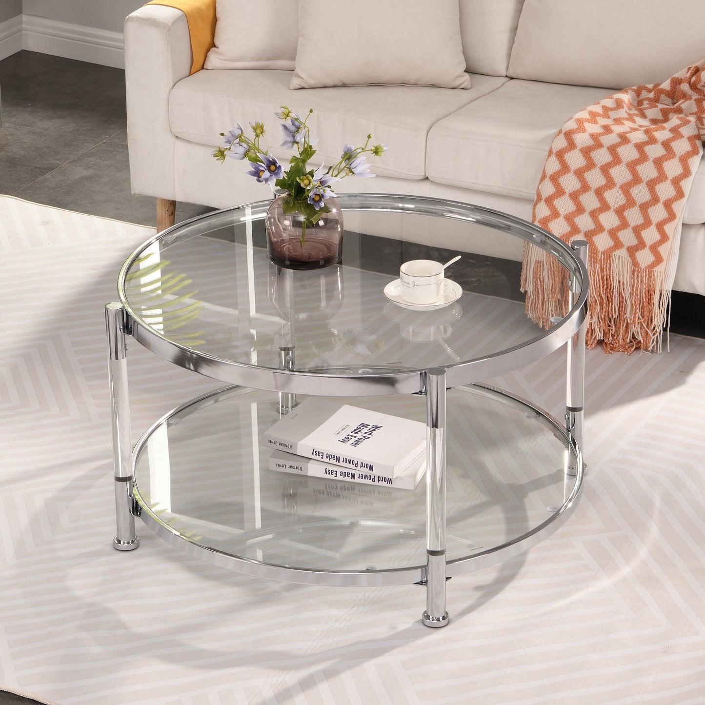 Contemporary Acrylic Coffee Table - Round Tempered Glass, Chrome/Silver Finish - Ideal for Living Room Décor - 32.3'' Size