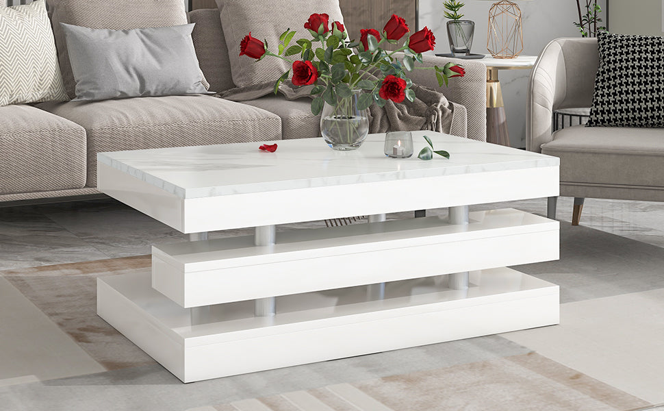 ON-TREND 2-Tier Coffee Table: Silver Metal Legs, Rectangle Cocktail Table with High-gloss UV Surface, Minimalist Design Center Table for Living Room, White