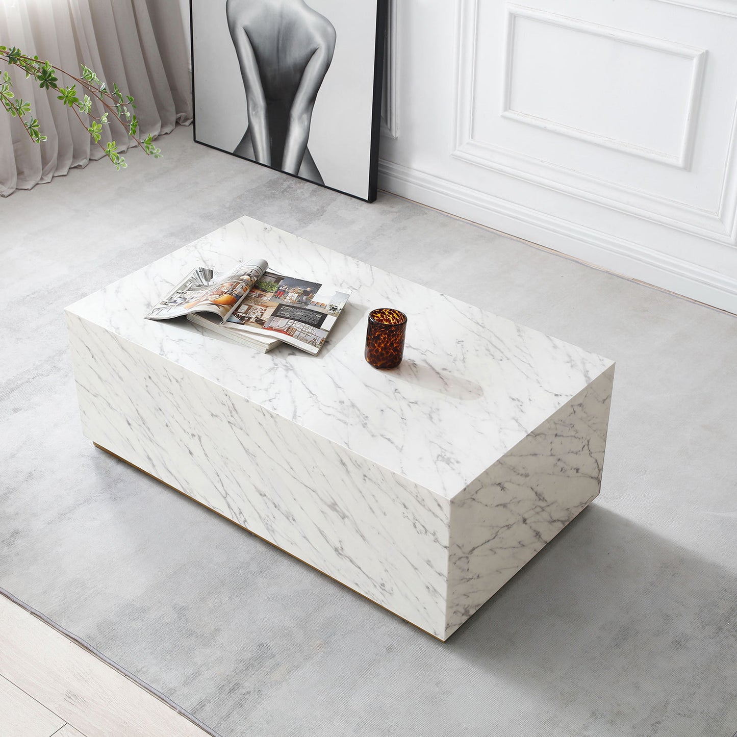 White Marble MDF Coffee Table: Rectangular End Table for Living Room/Waiting Area | 43.31"L X 23.62"W X 15.75"H