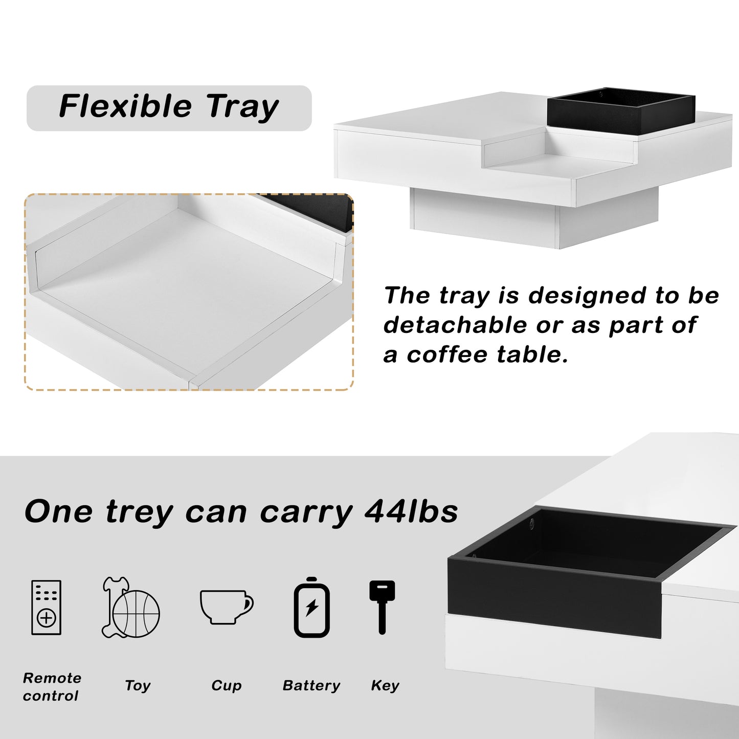 ON-TREND Modern Minimalist Design Square Coffee Table with Detachable Tray & Plug-in LED Strip Lights Remote Control for Living Room - 31.5*31.5in, 16-color