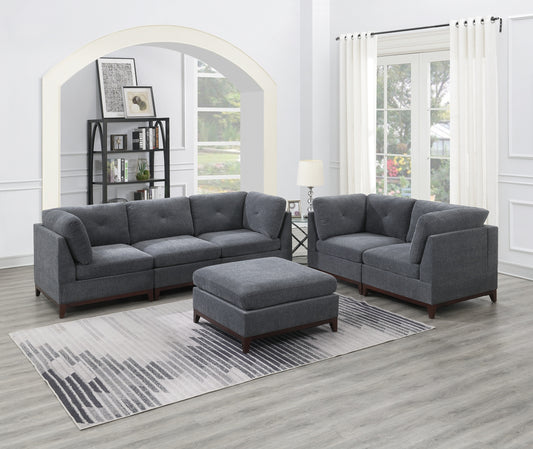 Ash Grey Chenille Fabric Modular Sofa Set - 6pc Living Room Furniture Couch, Loveseat, Corner Wedges, Armless Chair, Ottoman - Tufted Back, Exposed Wooden Base - Multiple Sizes Available