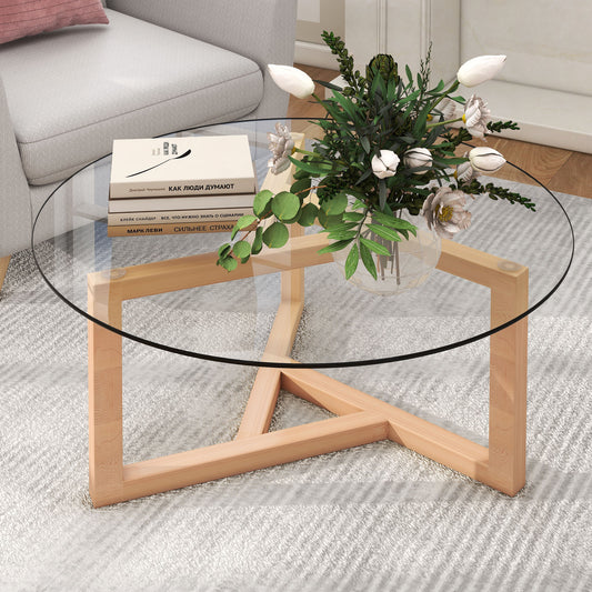 ON-TREND Round Glass Coffee Table with Tempered Glass Top & Sturdy Wood Base, Natural - Modern Cocktail Table, Easy Assembly,  (WF190112AAL)