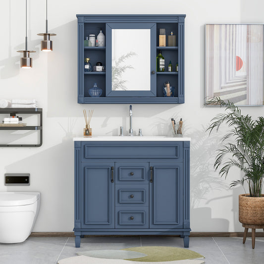 36'' Bathroom Vanity with Top Sink - Royal Blue Mirror Cabinet, Modern Storage Cabinet with 2 Doors and 2 Drawers - Single Sink Vanity