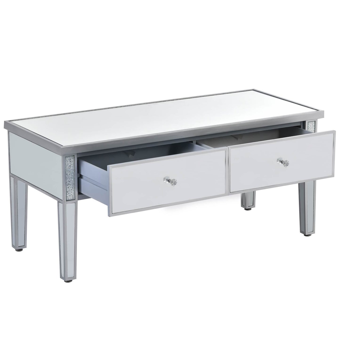 ON-TREND Glass Mirrored Coffee Table with 2 Drawers, Crystal Handles & Adjustable Height Legs for Living Room, Silver