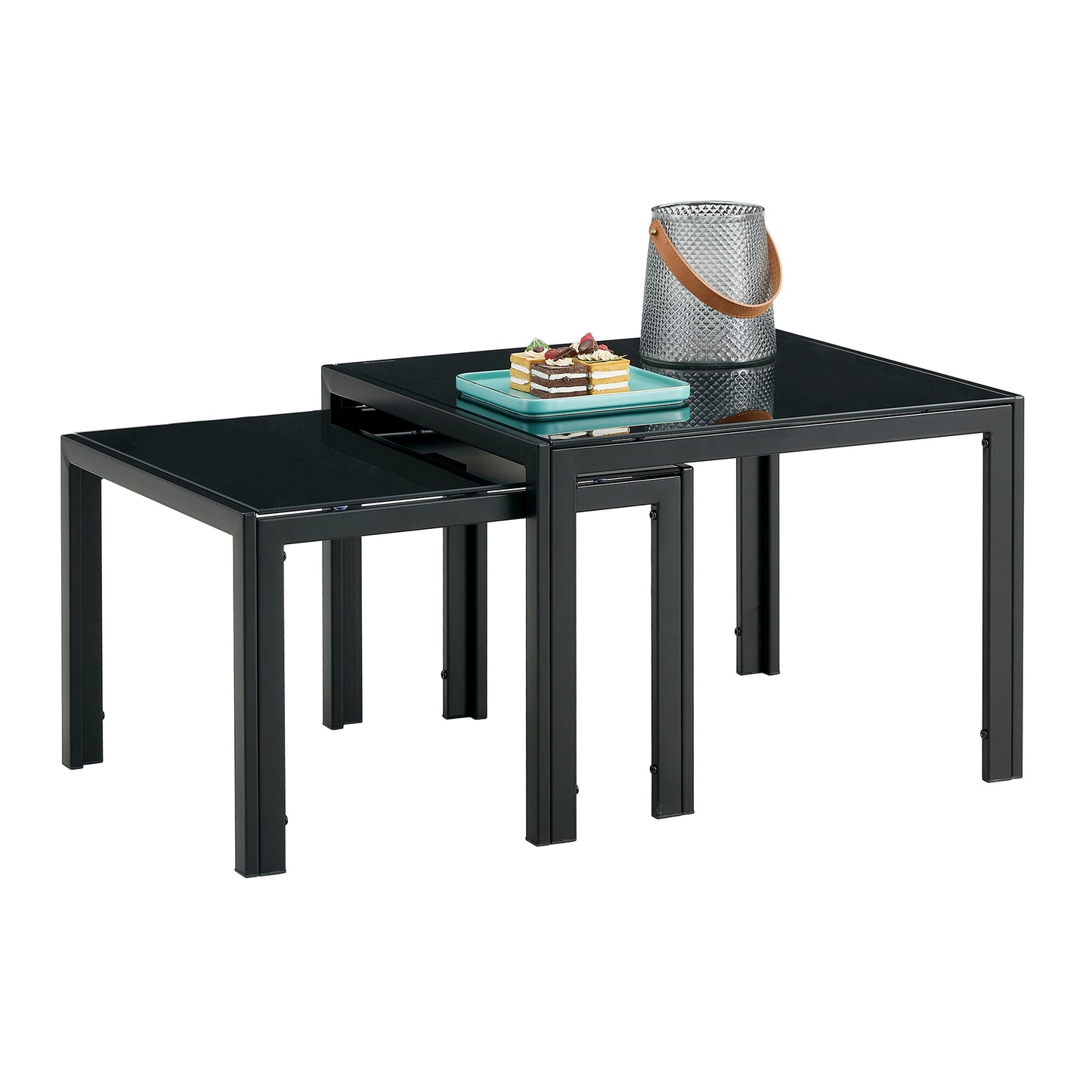 Nesting Coffee Table Set of 2, Square Modern Stacking Table with Tempered Glass Finish, Ideal for Living Room Décor, Black