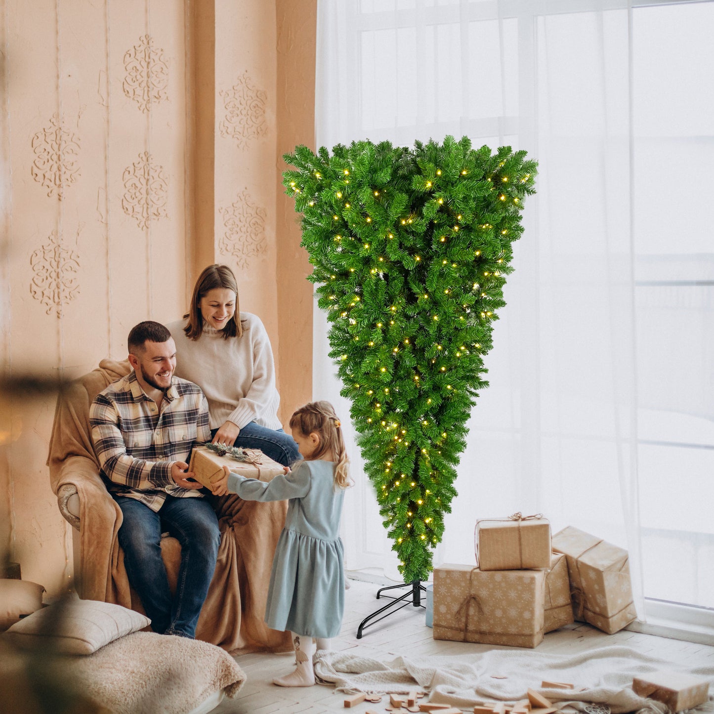 Upside Down Green Christmas Tree, 6ft w/1,000 Lush Branch Tips, 360 LED Lights X-mas - LED Warm White Lights, Reinforced Metal Base & Easy Assembly