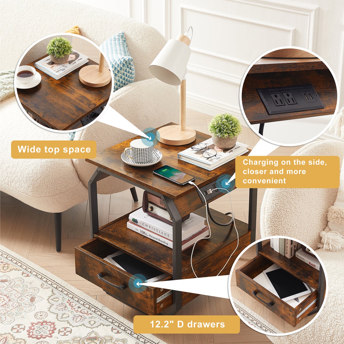 End Table with Charging Station, Drawers & Bedside Functionality for Bedroom - Rustic Brown, 17.3’’W*17.9’’D*21.2’’H