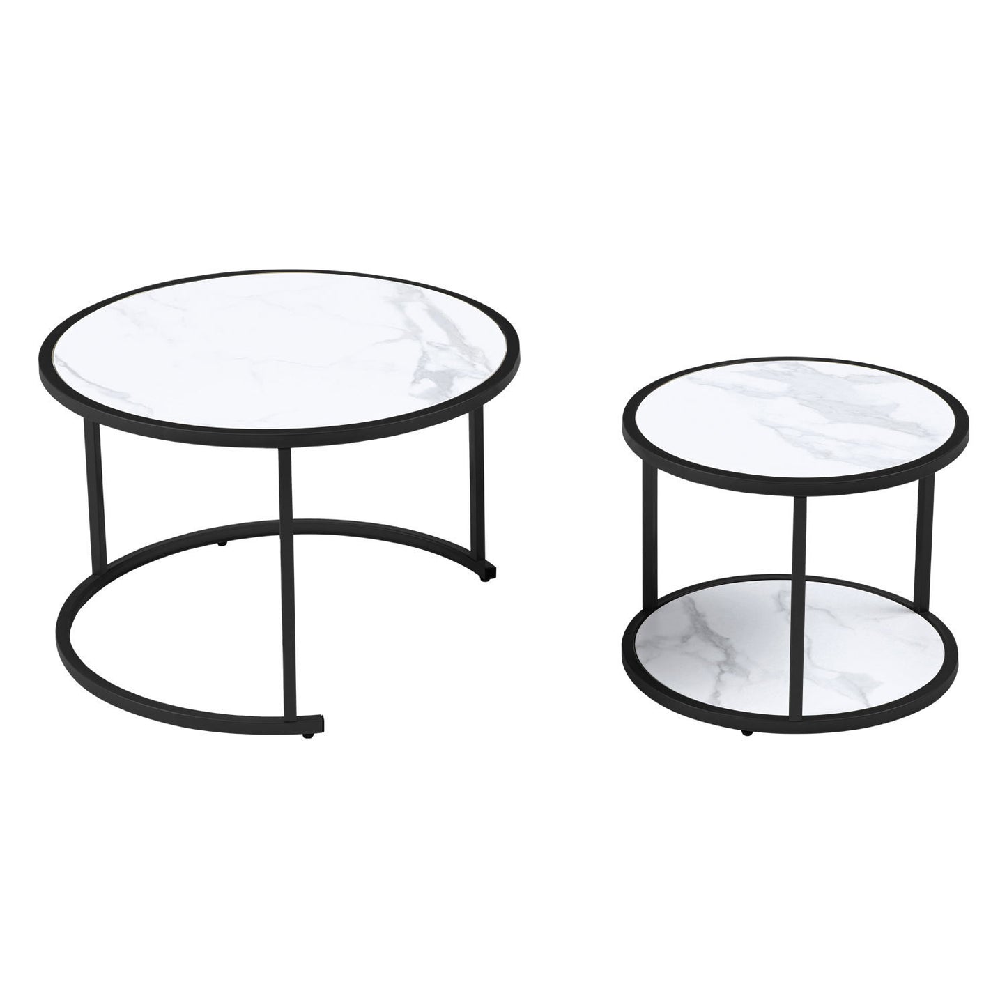 27.16" Marble Pattern MDF Top Black Metal Frame Nesting Coffee Table Set of 2 - Stylish & Space-Saving Furniture with Elegant Marble Design