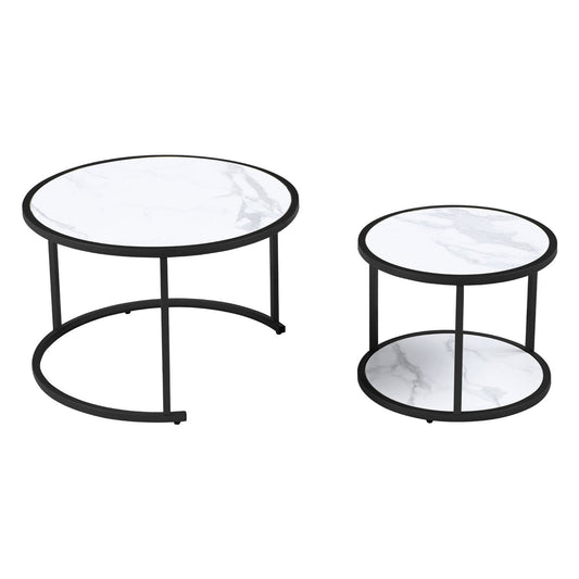 27.16" Marble Pattern MDF Top Black Metal Frame Nesting Coffee Table Set of 2 - Stylish & Space-Saving Furniture with Elegant Marble Design