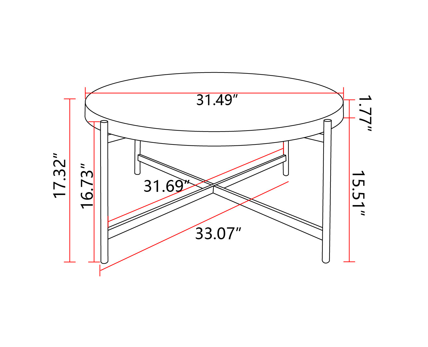 33" Modern Thread Design Round Coffee Table - MDF Table Top, Cross Legs Metal Base - Stylish, Contemporary Furniture - Available in Multiple Colors and Sizes