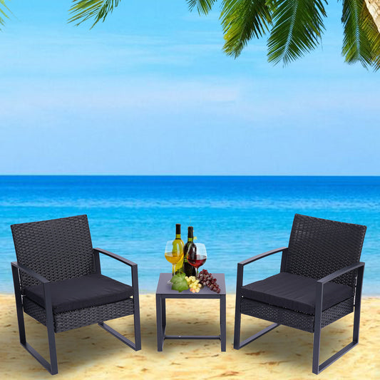 3-Piece Outdoor Wicker Patio Furniture Set - Modern Rattan Chair Conversation Set with Coffee Table for Yard and Bistro (Black)