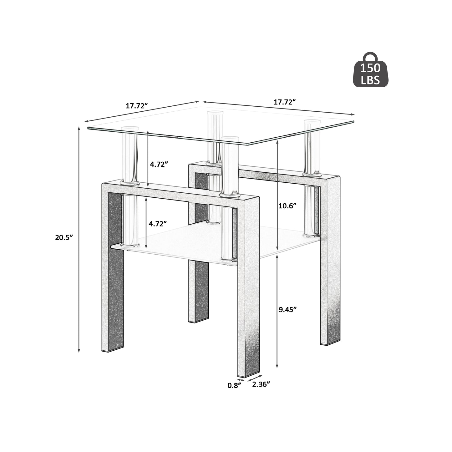 Set of 2 Modern Tempered Glass Tea Coffee End Table, Square Table for Living Room, Transparent/Black, Stylish & Functional