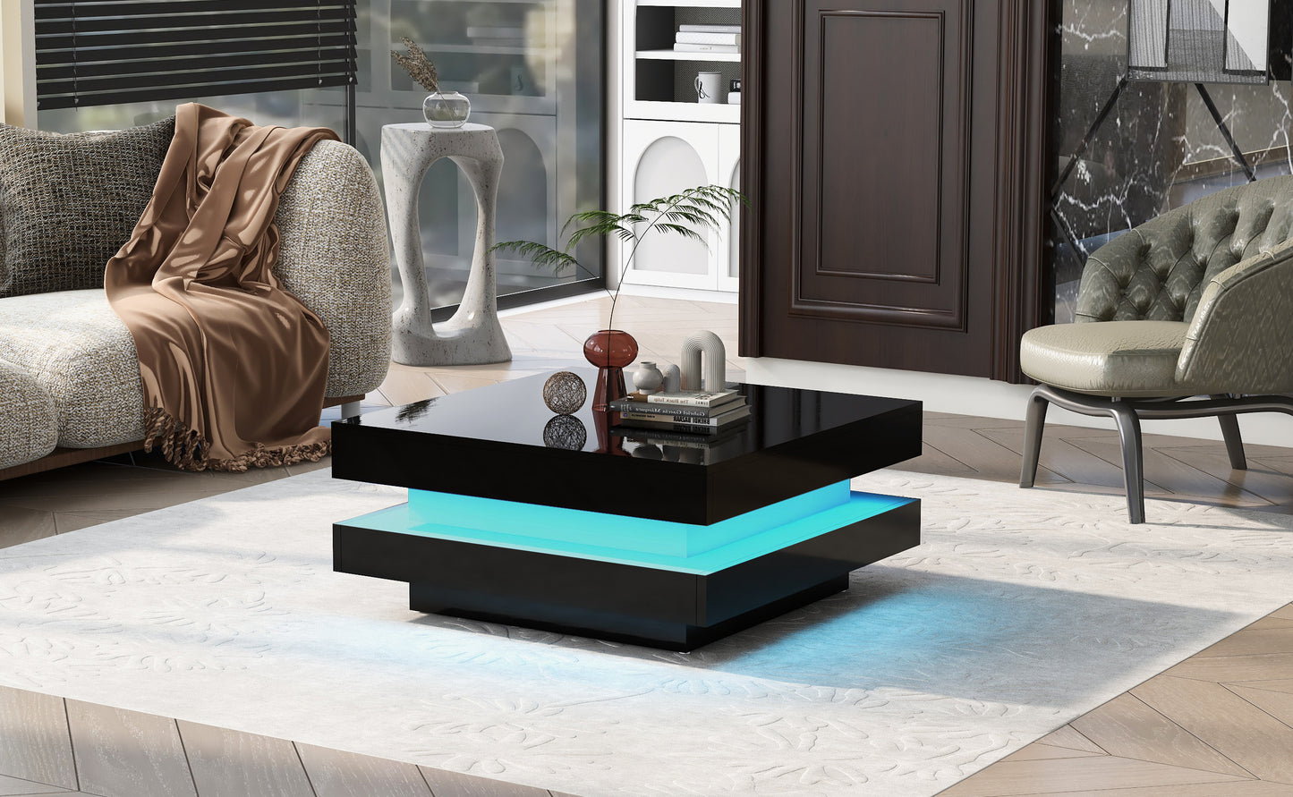 ON-TREND High Gloss 2-Tier LED Coffee Table for Living Room, 16-Color Lights, 31.5”x31.5”x14.2”, Black