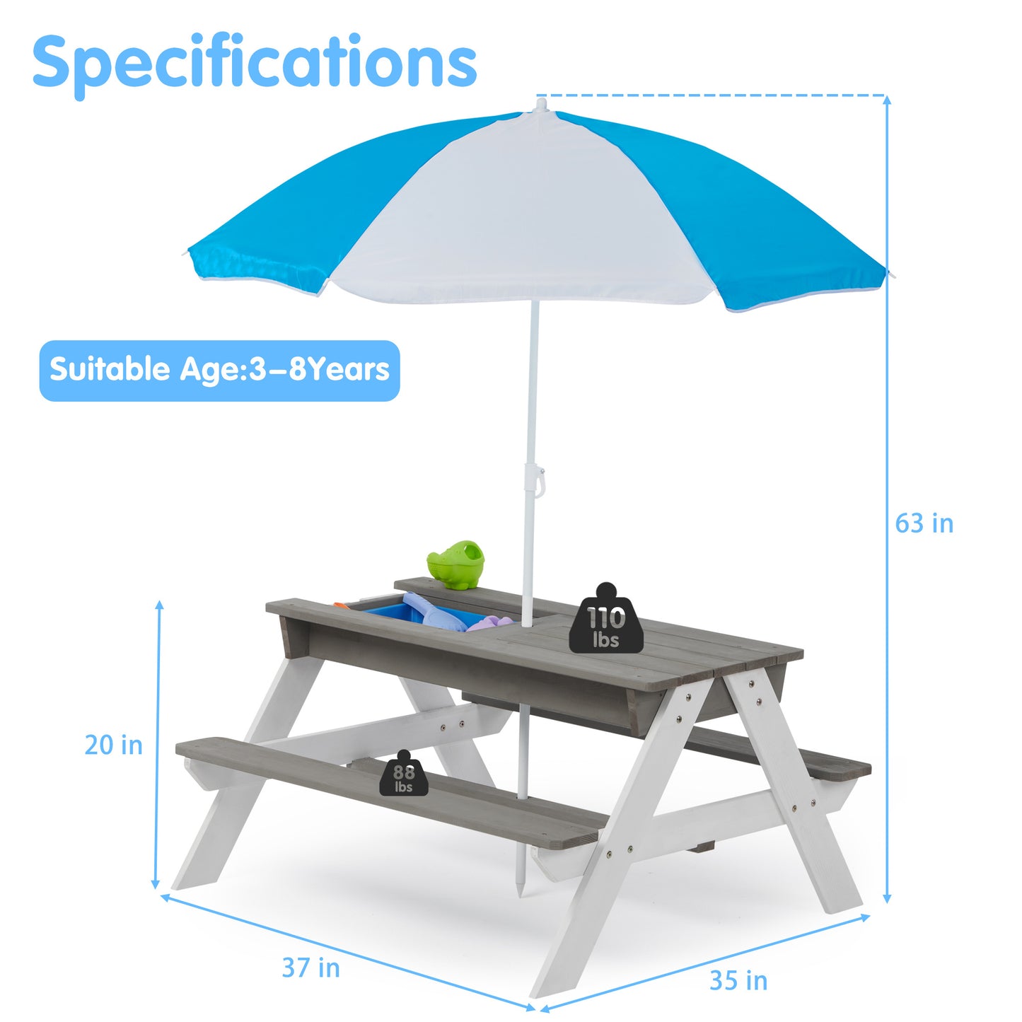 3-in-1 Kids Outdoor Wooden Picnic Table With Umbrella, Convertible Sand & Water Play Area, Gray - ASTM & CPSIA Certified