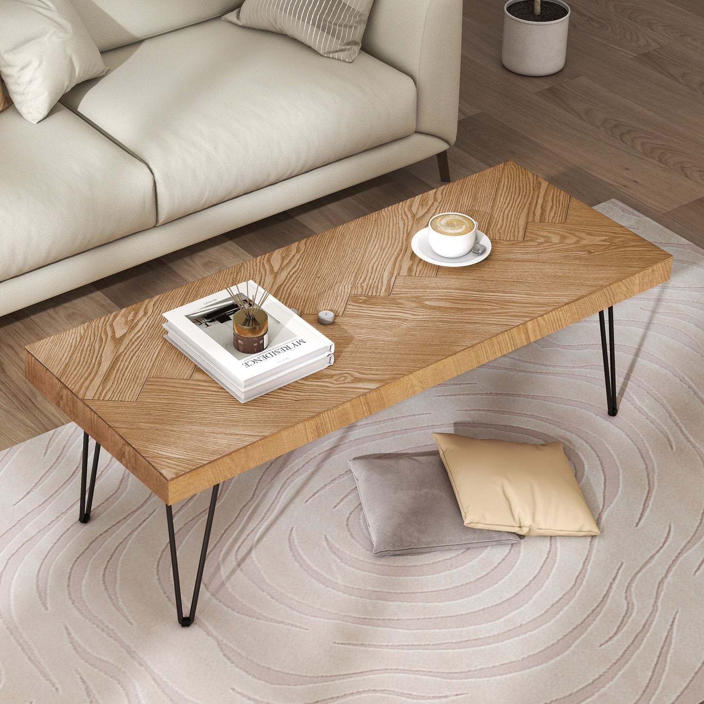 ON-TREND Modern Coffee Table, Easy Assembly Tea Table, Chevron Pattern, Metal Hairpin Legs, Ash Wood Finish