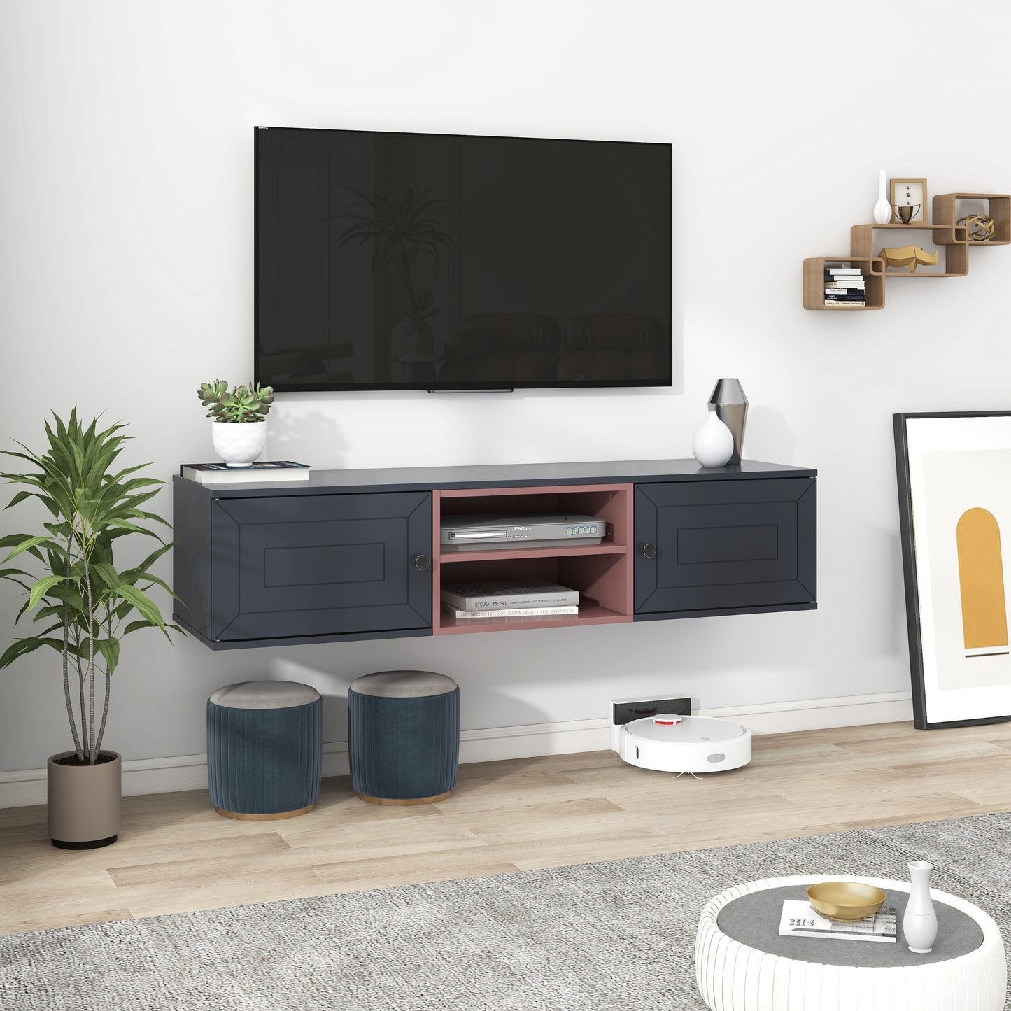 Wall Mounted 60" Floating TV Stand with Ample Storage, Adjustable Shelves, Magnetic Cabinet Door, Cable Management - Multiple Colors & Sizes