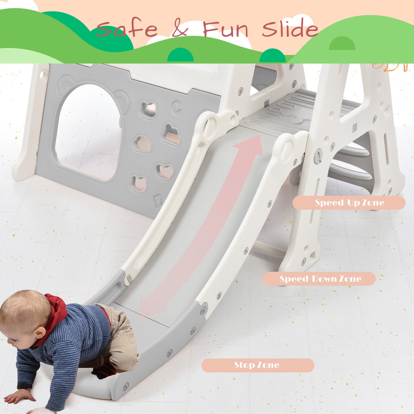 7-in-1 Toddler Climber and Slide Set - Kids Playground Climber Slide Playset with Tunnel, Whiteboard, Building Block Baseplates, and Basketball Hoop Combination - White, Compact Size