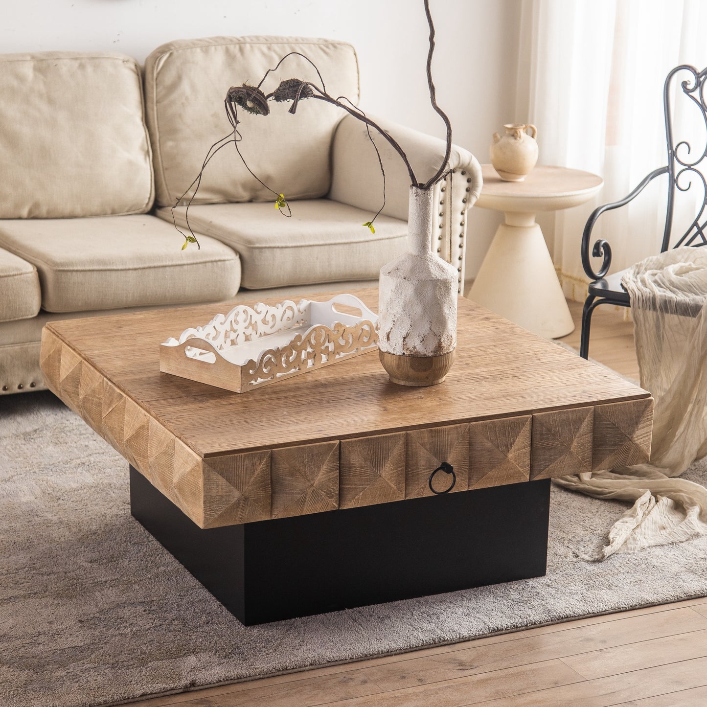 41.33" Three-dimensional Embossed Pattern Square Coffee Table with 2 Drawers and MDF Base - Retro Design, SKU W757102852