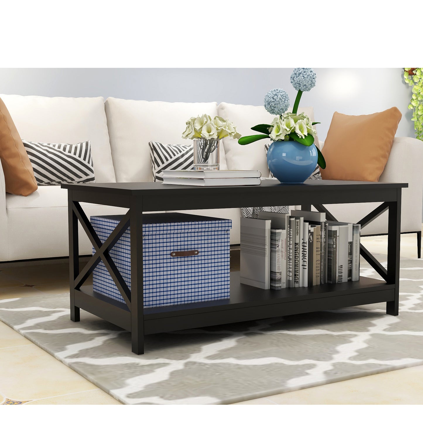 Coffee Table Oxford End Table-Black Color: Sleek and Modern Design, Perfect for Living Room Décor, 2-tier Storage, Sturdy Construction, 40x20x18 inches